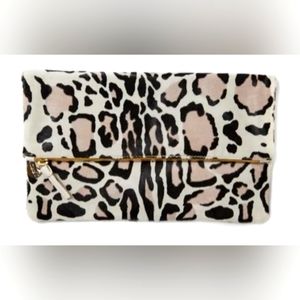 Clare V. Genuine Haircalf Snow Leopard Fold Over Clutch NWT